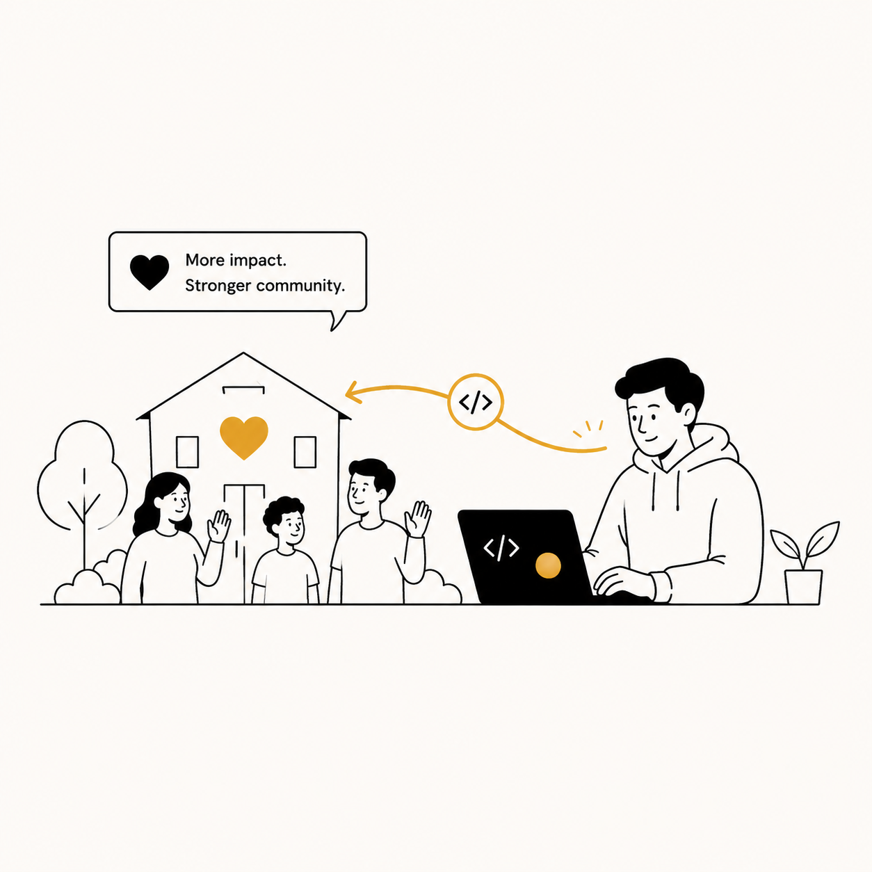 A developer coding on a laptop, connected to a community group by a golden arc