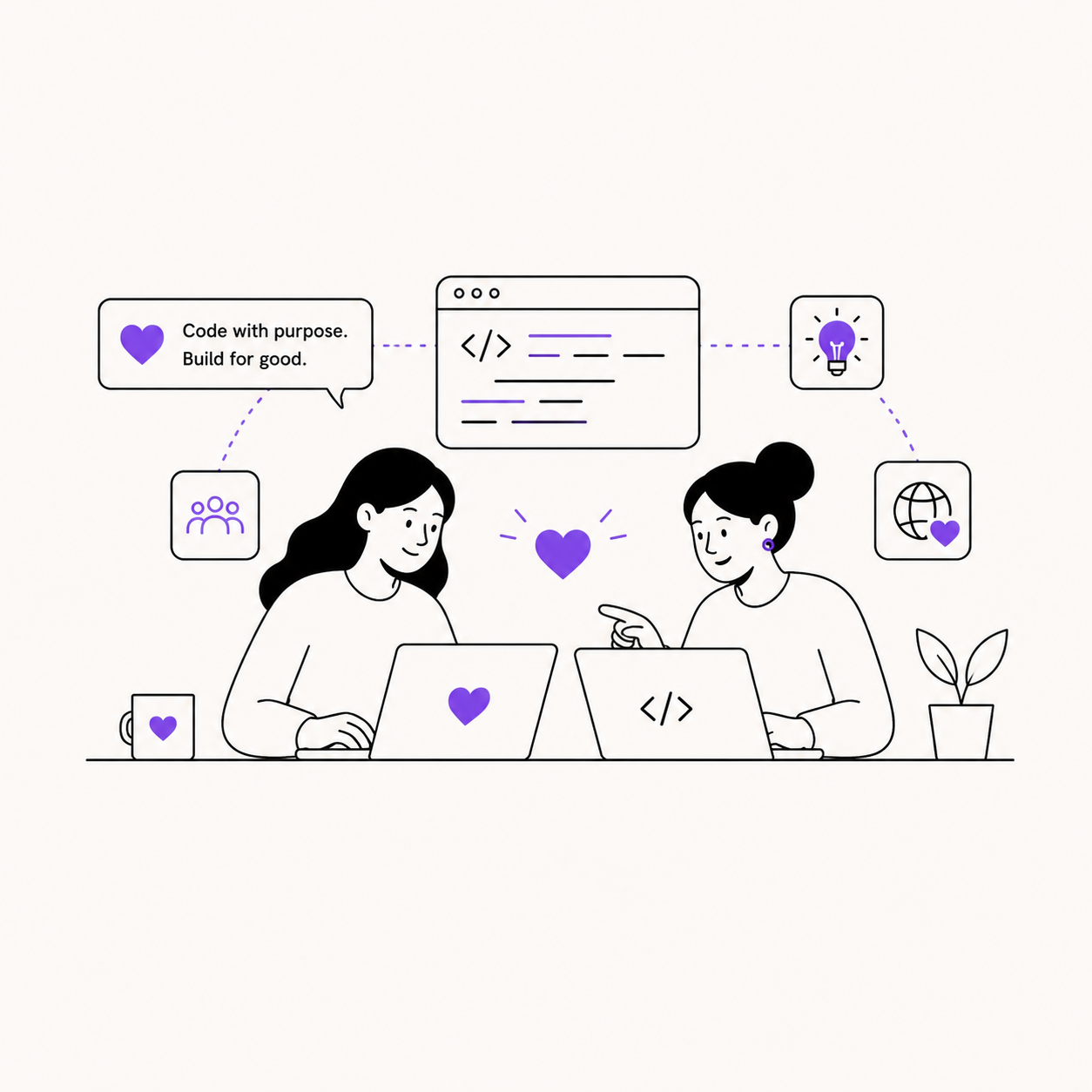 Two women coding on laptops side by side, surrounded by icons for community, code, and global impact